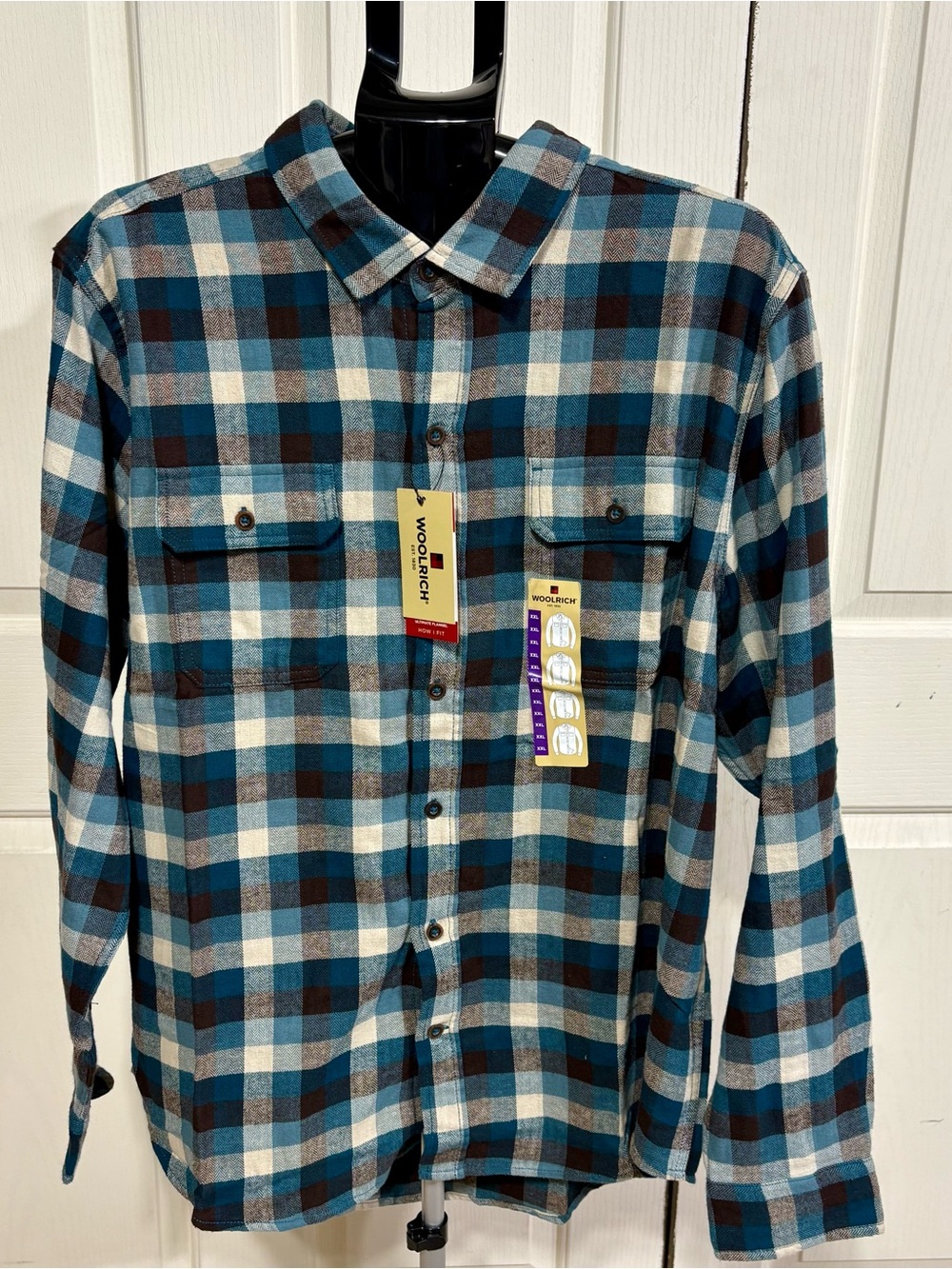 Woolrich Men's Teal, Brown and Cream Plaid Button-Down Shirt